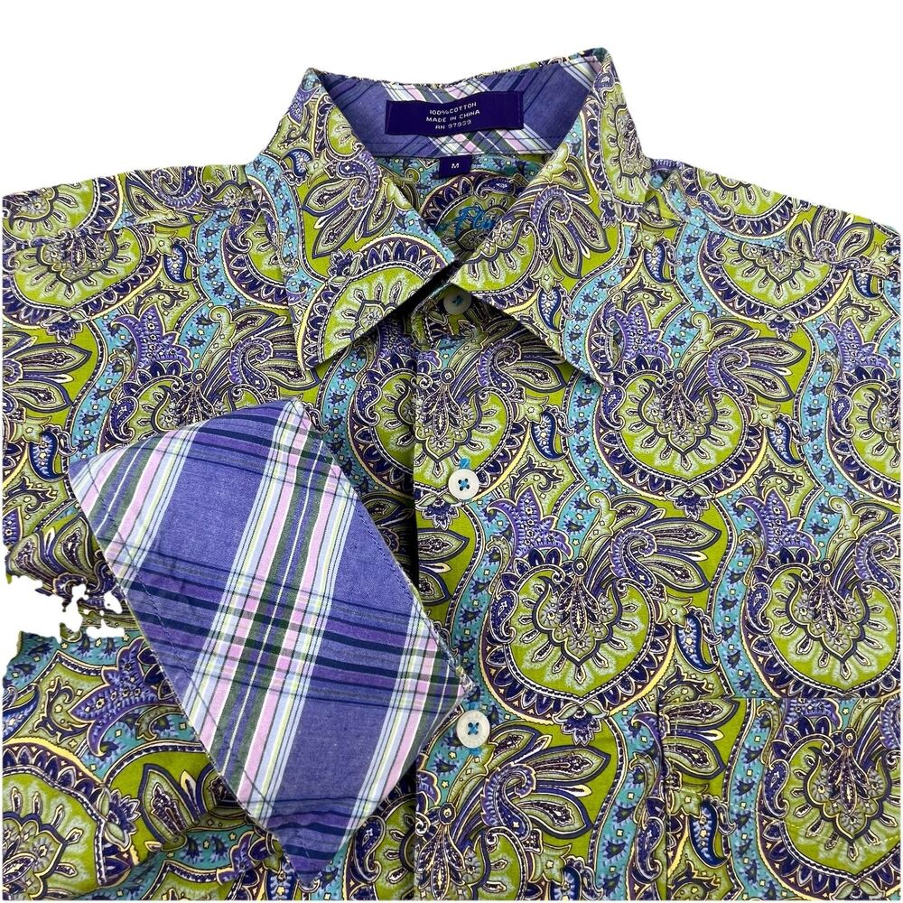 Alan Flusser Paisley Shirt Mens M Green Floral Flip Cuff Button Up Long Sleeve